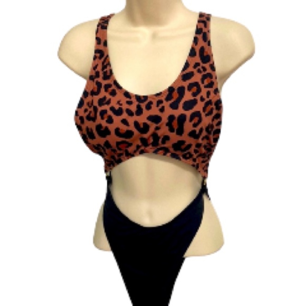 LEOPARD CHEETAH Print Monokini Bikini Swimsuit Women 1 Piece Metal Rings Medium
